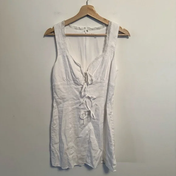Reformation Reia White Linen Bow Mini Dress Lace Trim Women’s Size 6 - Picture 7 of 10